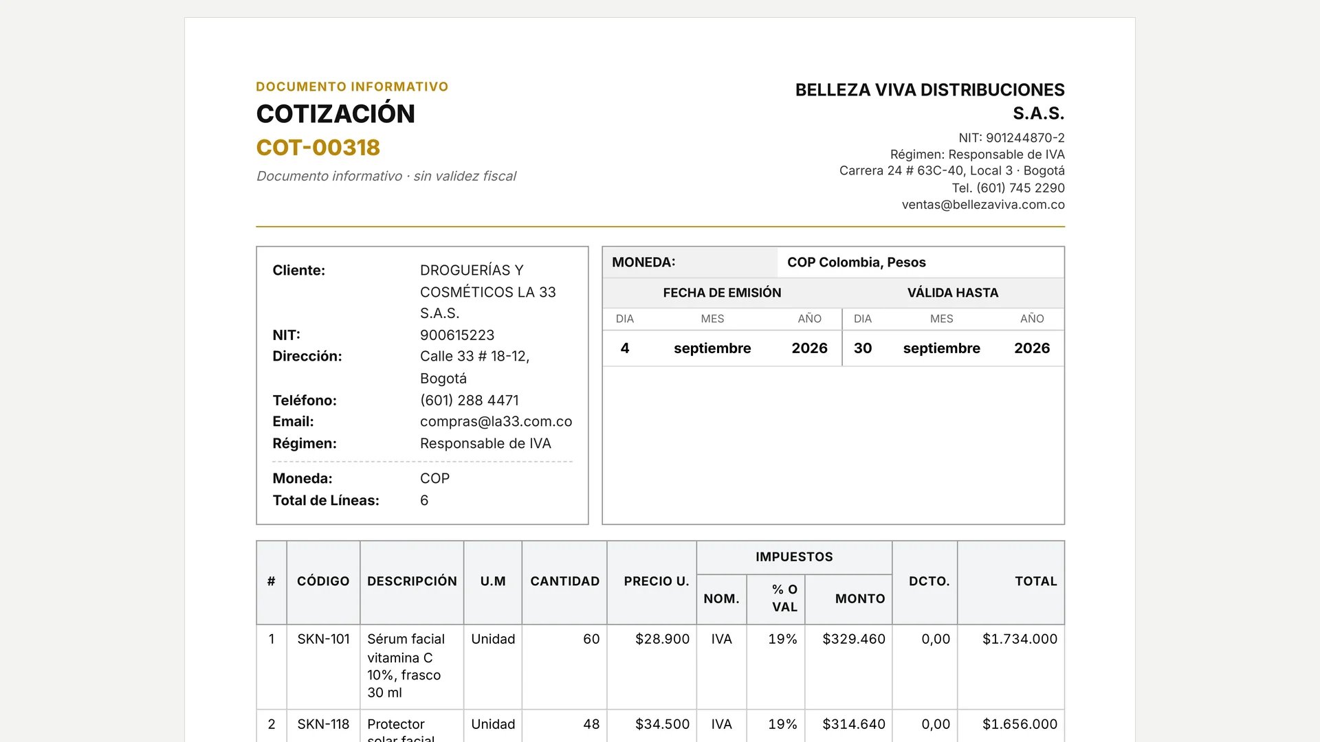 Cotización de productos de maquillaje y cuidado personal, generada por afinate