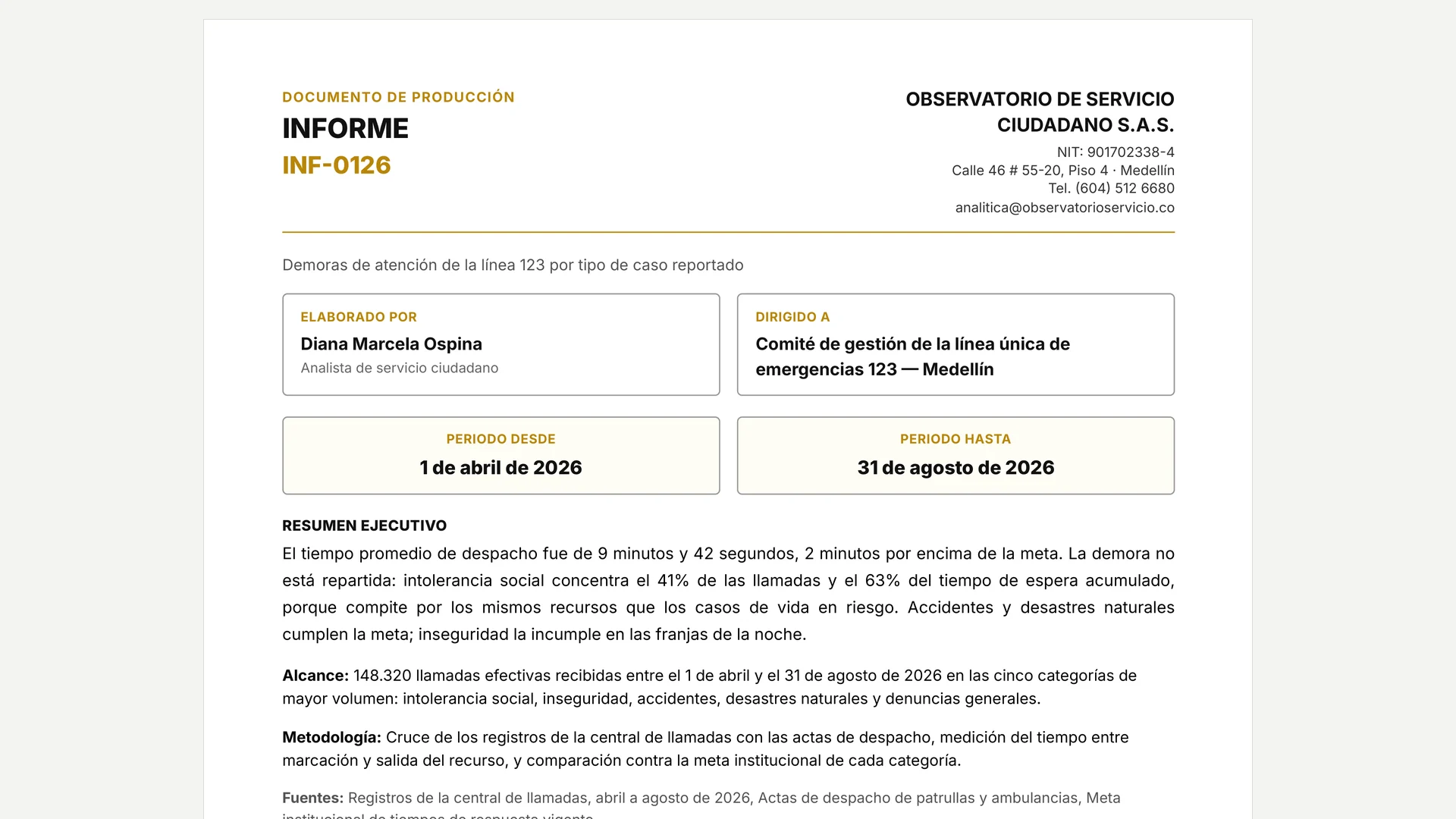 Informe de demoras de atención de una línea única de emergencias, generado por afinate
