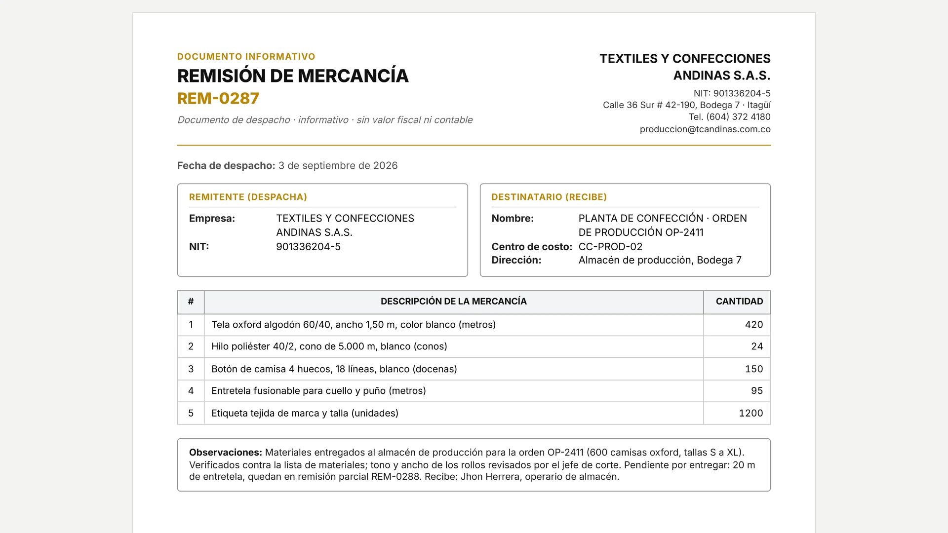 Remisión de materiales para una orden de producción de confecciones, generada por afinate