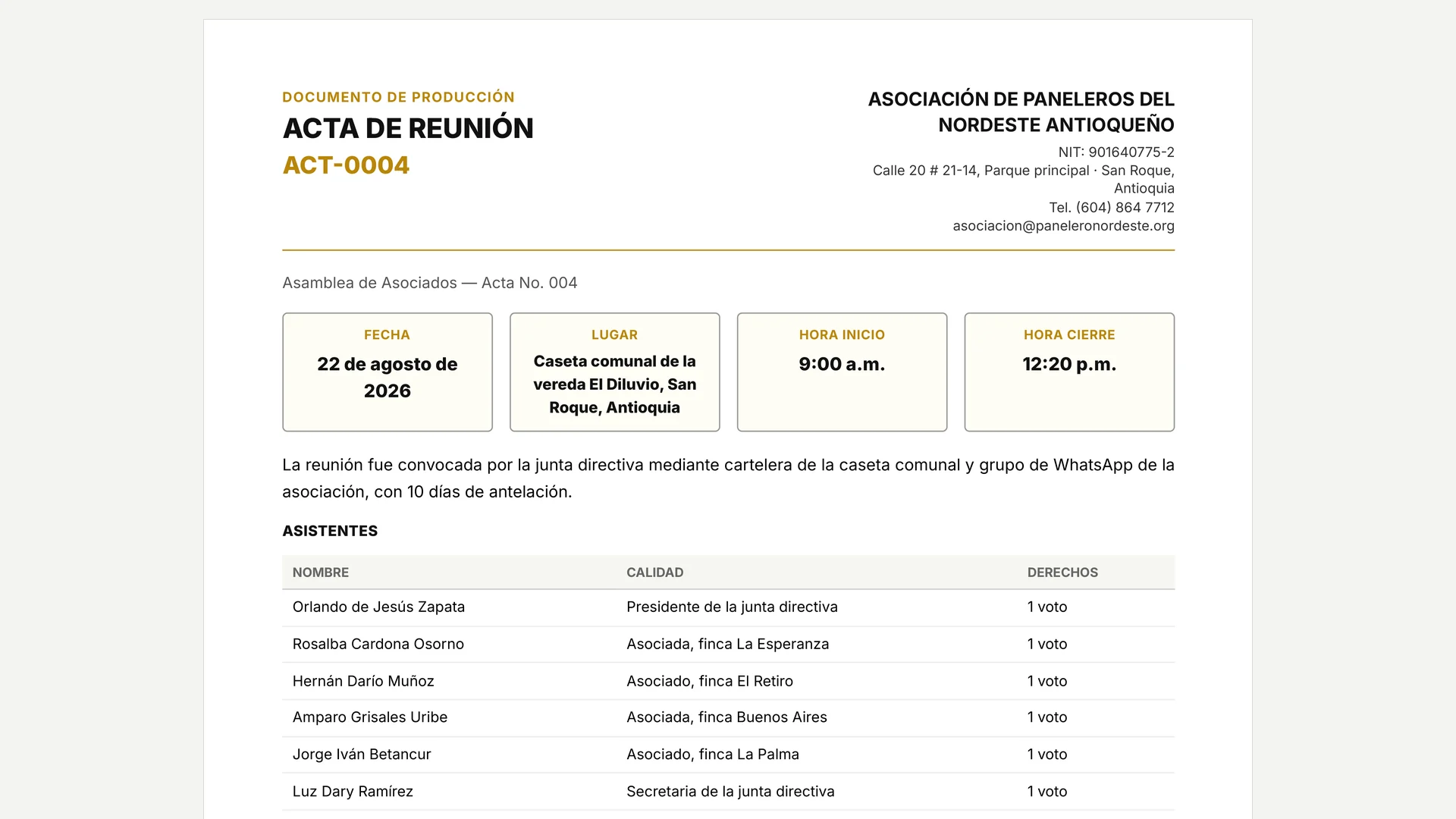 Acta de asamblea de asociados para constituir un trapiche panelero, generada por afinate