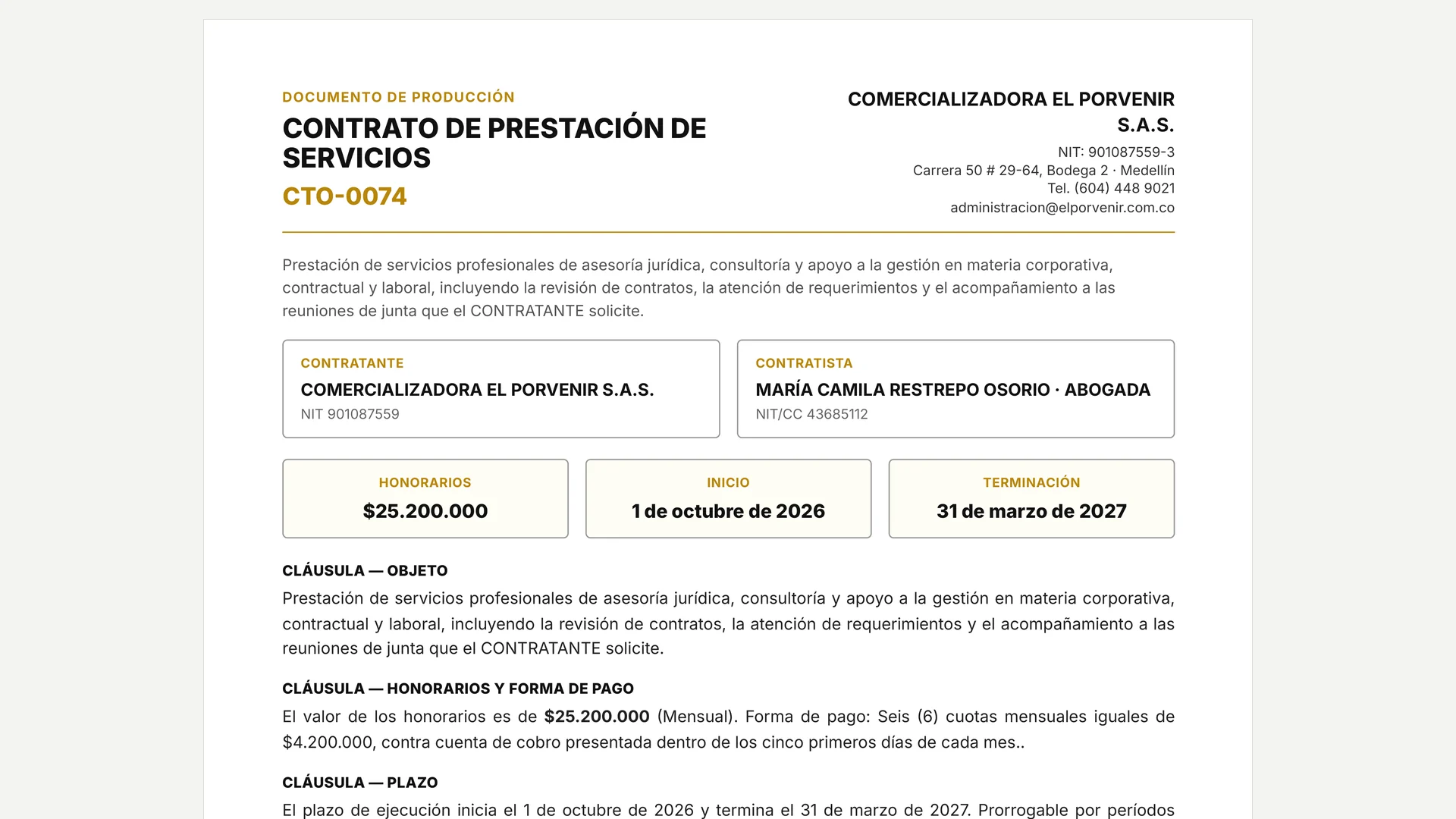 Contrato de prestación de servicios de asesoría jurídica, generado por afinate